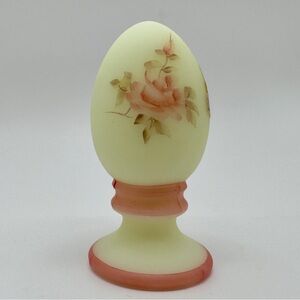 FENTON Burmese Uranium Glass Hand Painted Roses Pedestal Egg Signed Janet S.